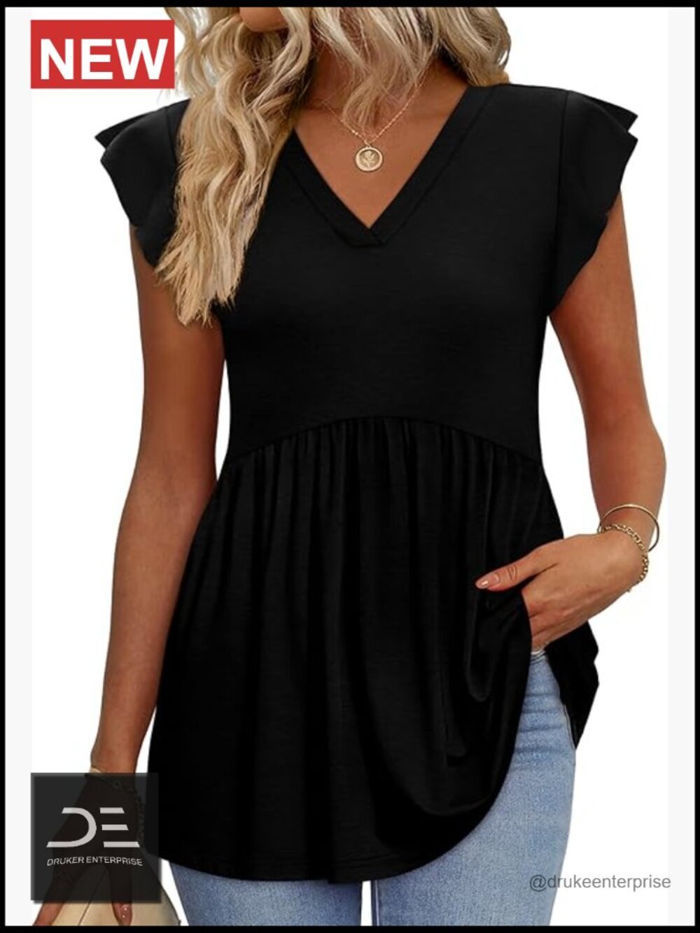 V-Neck Babydoll Top with Ruffle Sleeve, Loose Fit Peasant Blouse